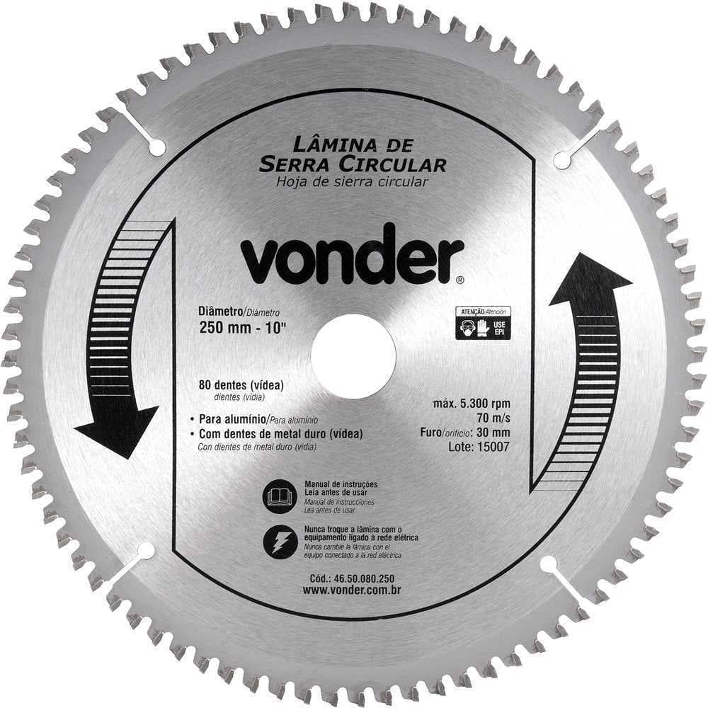 LÂMINA SERRA CIRCULAR PARA ALUMÍNIO 250X30X80 DENTES VONDER
