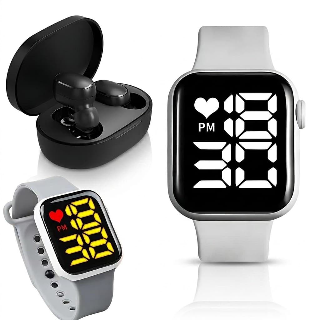 Kit Fone Bluetooth Sem Fio Case Magnetico Mais Relogio Digital Esportivo Preto Para Treinos Academia