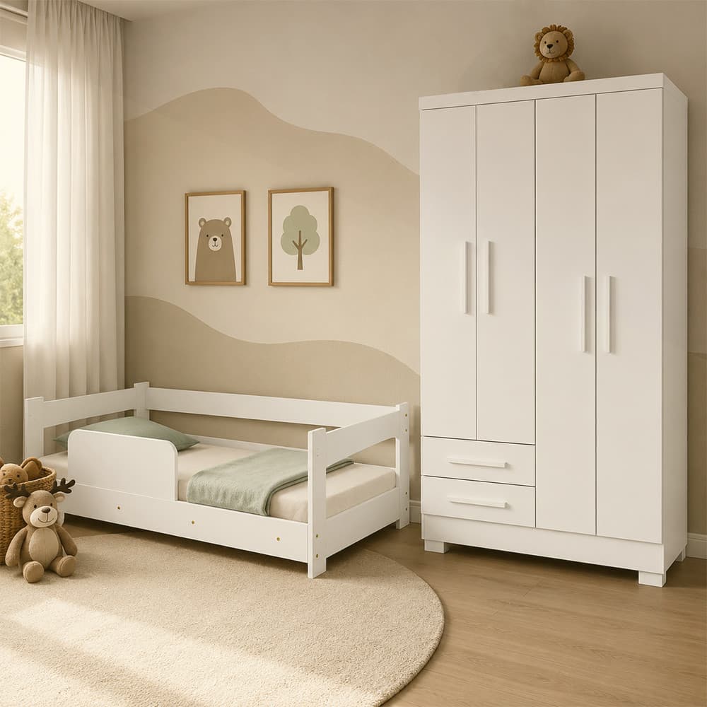 Conjunto Quarto Infantil Cama Montessoriana Baby com Grade + Guarda-roupa Paris 4 Portas - Branco
