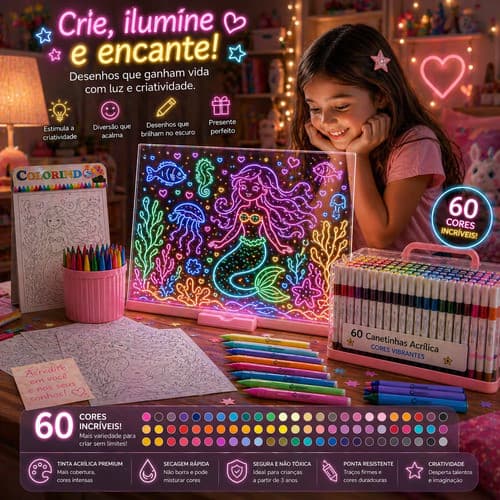 Kit Lousa Mágica LED Infantil com Canetas Acrílicas e Desenhos