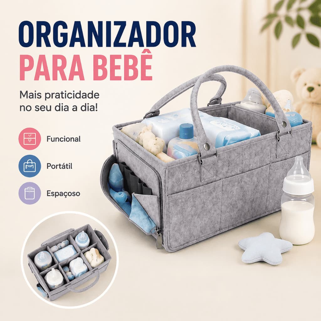 Organizador de Bolsa para Bebê com Divisórias e Bolsos Laterais com Zíper para Cesto de Berçário Durável com cupom 4.8 A