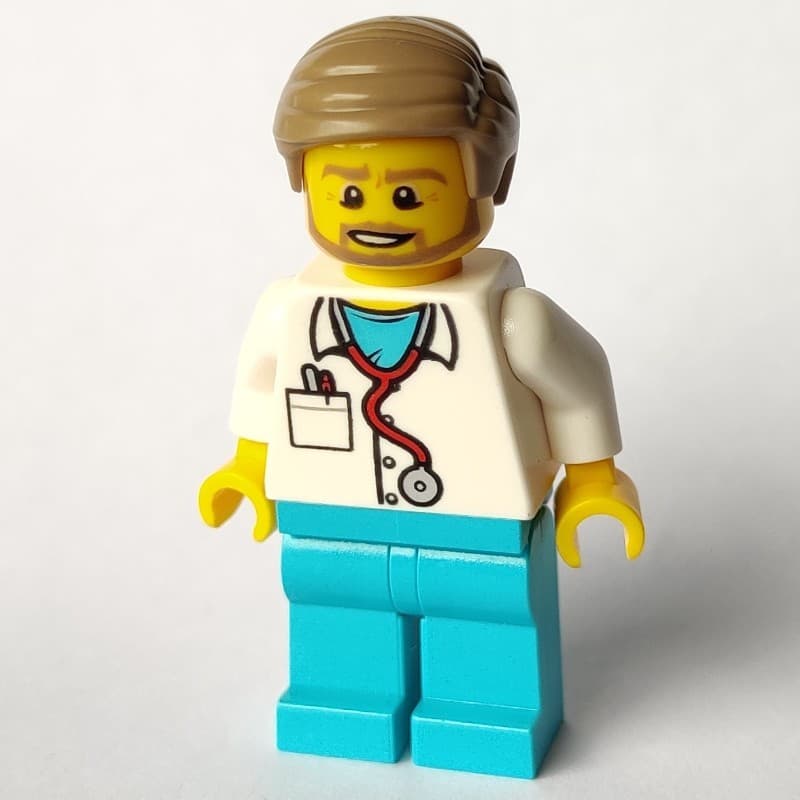 Lego Minifigure Medico, White Shirt over Medium Azure Scrubs