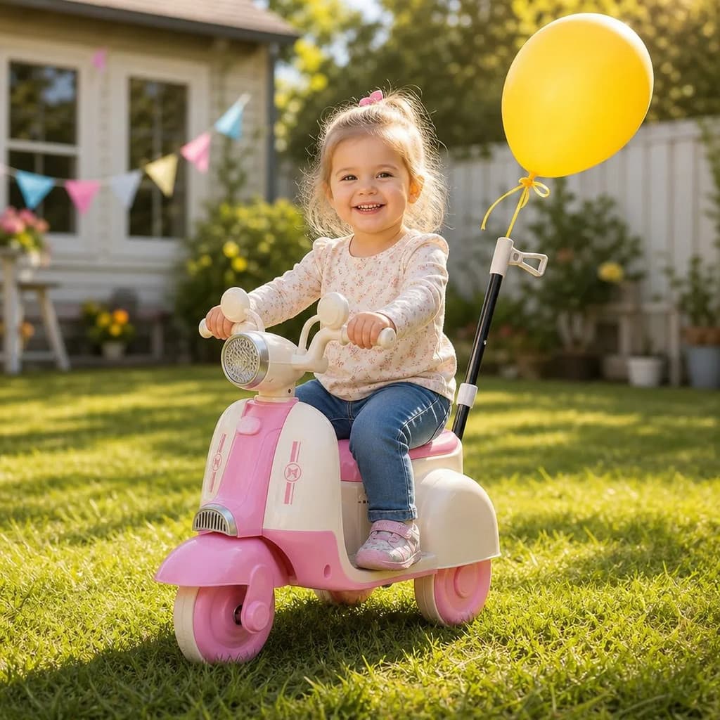 Mini Moto Elétrica Infantil Scooter Vespa Empurrador Farol LED Som Música Menina Presente Criança