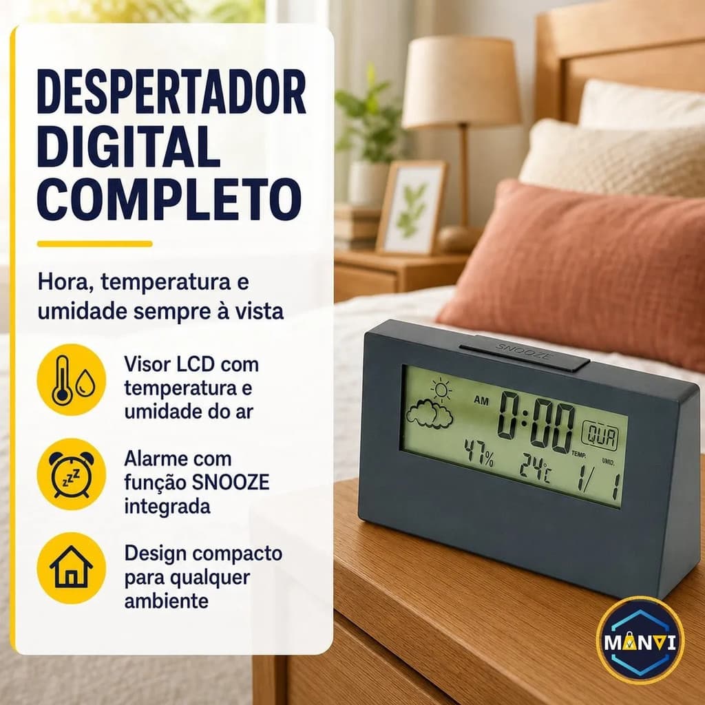 Relógio Despertador Digital LCD Mesa Alarme Data Temperatura Umidade Criança Adulto