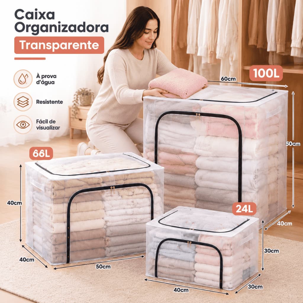 Caixa Transparente 24L/66L/100L com Zíper PVC, À Prova d'Água e Umidade, Organizadora Multiuso Vendido(s) - 66L(50*40*33