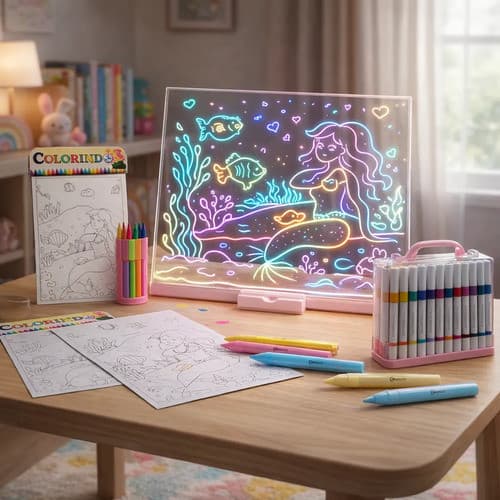 Kit Lousa Mágica LED com 36 Canetas Acrílicas e Desenhos