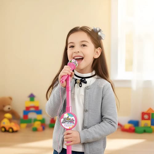 Microfone Infantil Musical Art Brink Karaokê Luz e Pedestal