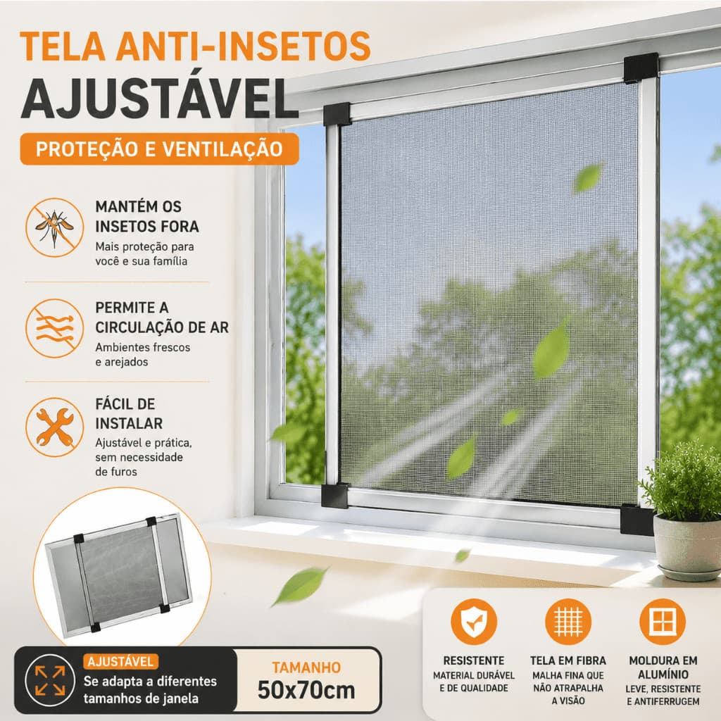 Tela Mosquiteiro Ajustável 50x70cm para Janela Deslizante com Moldura de Alumínio Proteção Contra Insetos no Pix 4.8 Ava