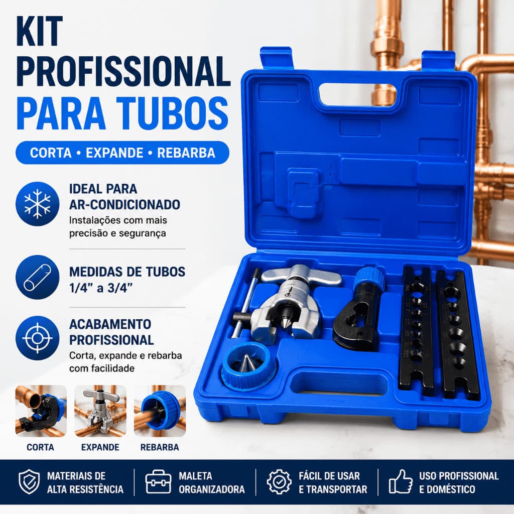 Kit Flangeador de Tubos Excêntrico com Catraca 3/16" a 3/4" + Cortador + Escareador no Pix 4.8 Avaliação da loja