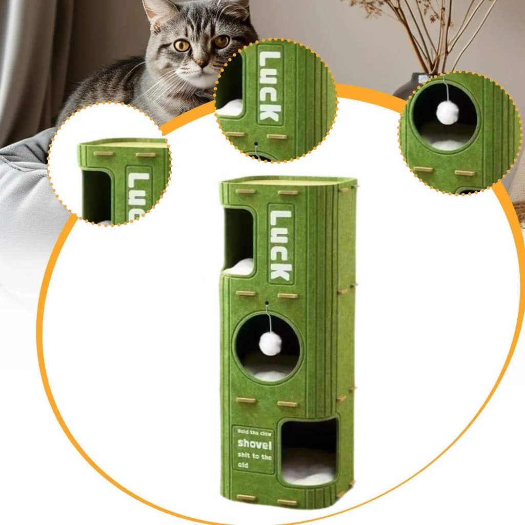Uma casinha de feltro de três andares para gatos, com estrutura para escalada, adequada para todas as estações do ano no