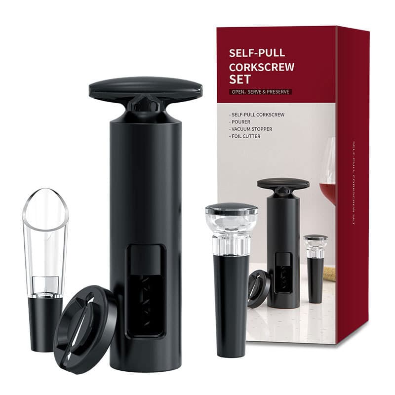 Kit Acessórios para Vinho 4 Peças Plástico Preto Home&Co Saca Rolha Bar Adega Sommelier