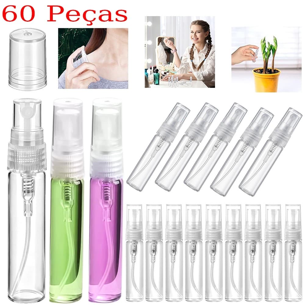 60 frascos de vidro com bico branco (5ml): Spray de névoa ultrafino, selado à prova de vazamentos