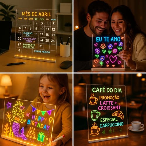 Kit Lousa Mágica LED Infantil com 5 Desenhos e Giz de Cera