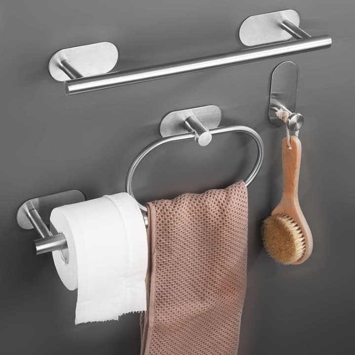 Kit Conjunto Acessório Banheiro Aço Inox Toalheiros Papeleira 4 Peças Adesivo Sem Furar a Parede 4.82 Variação: