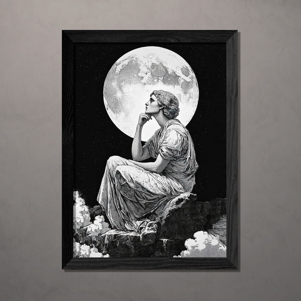Quadro Decorativo Estatua pensando lua A4 Com Vidro