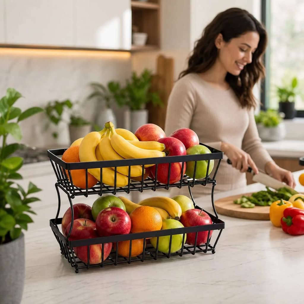 Fruteira Mesa Organizador Cozinha 2 Andares Cesto Metal