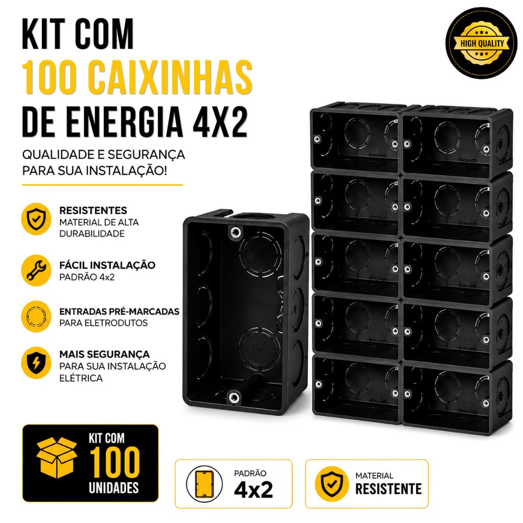 Kit 100 Caixinhas de Luz e Energia Reforçadas Pretas PVC 4x2 de Embutir para Tomada e Interruptor