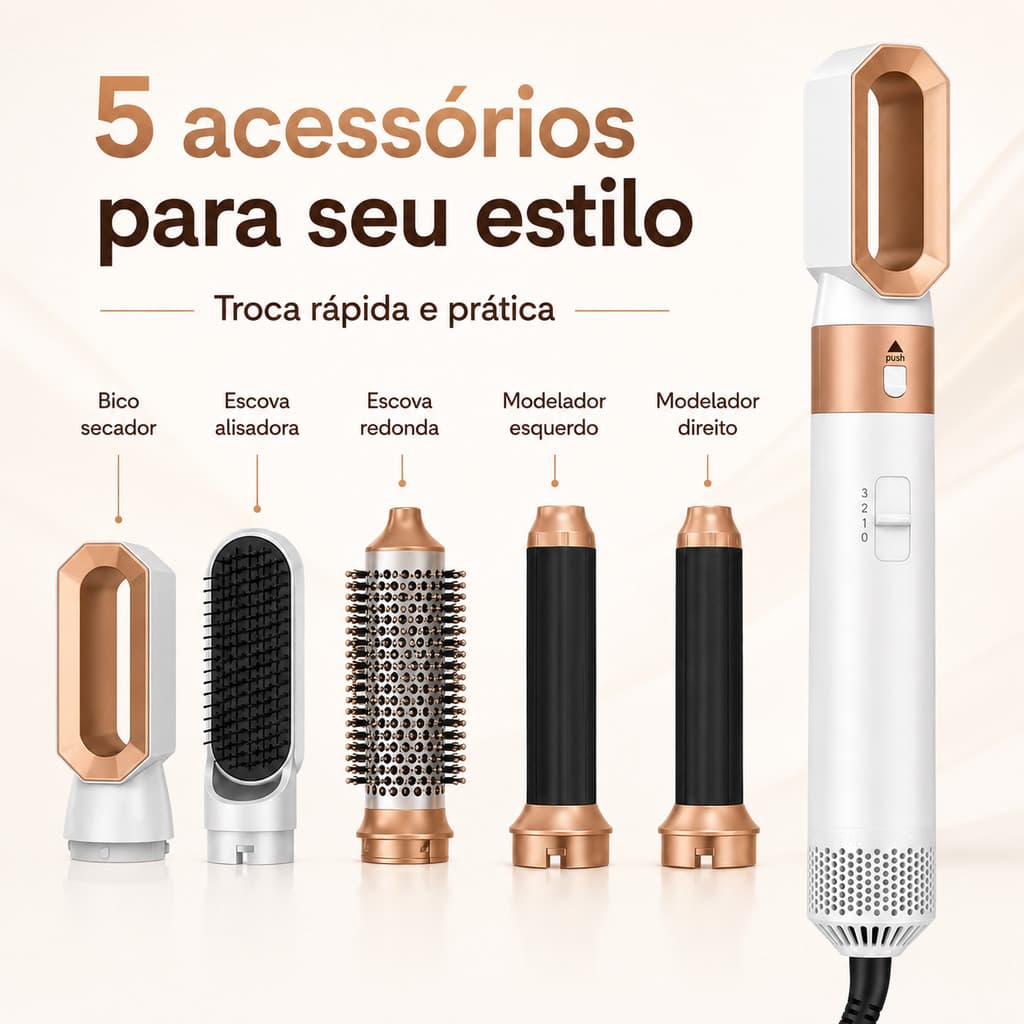 Escova 5 em 1 Secador, Pente, Modelador, Aumenta volume Profissional 110V e 220V