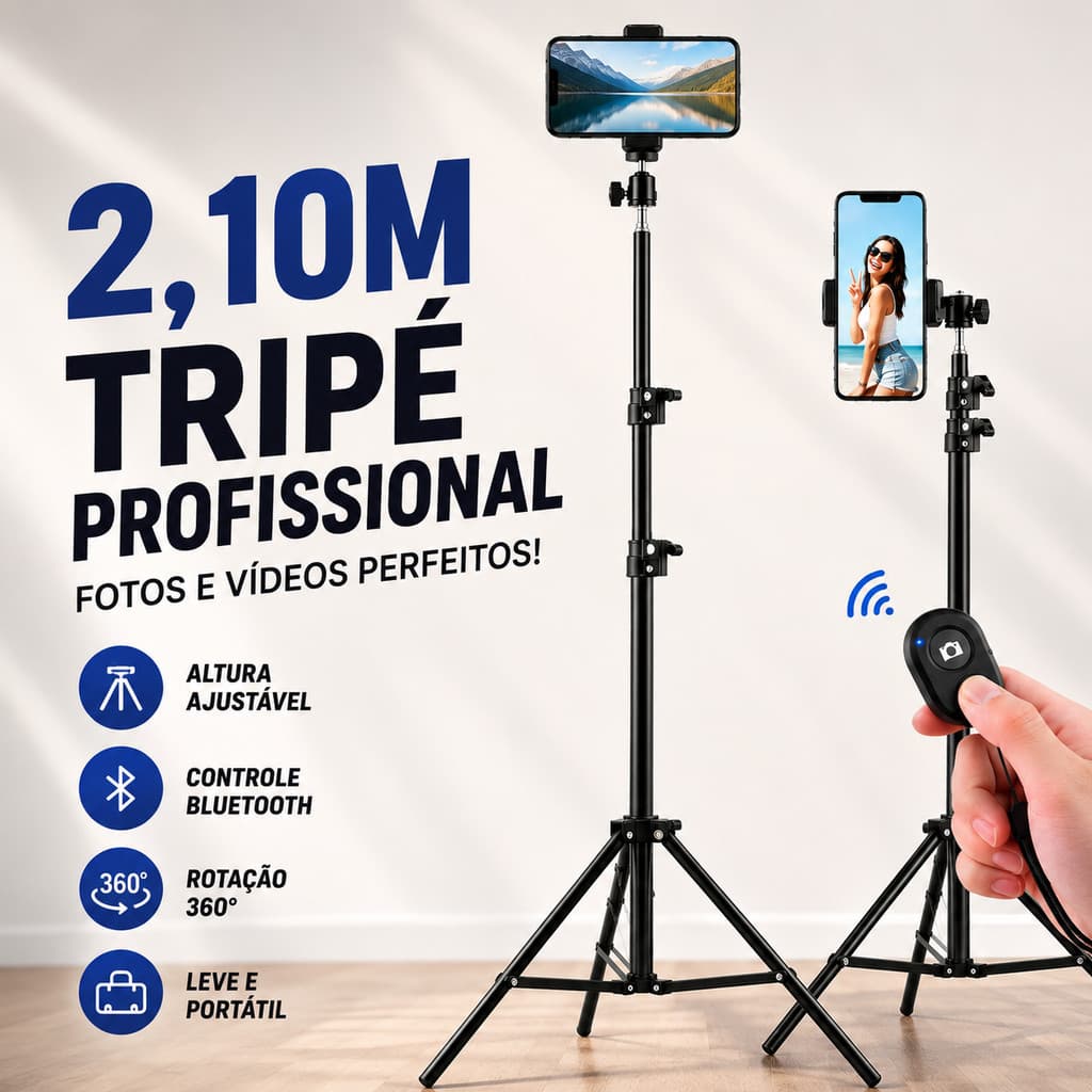 Tripé Estúdio Profissional 2,10m com Suporte para Celular Controle Bluetooth