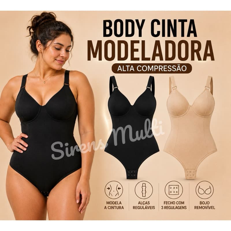 Body Cinta Premium Modelador Alta Compressão Bojo Removível Redutor Medidas Cintura Alça Ajustável