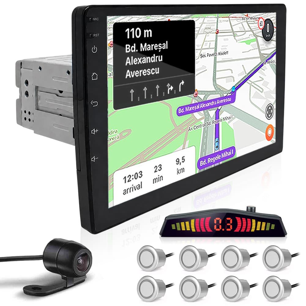 Kit Multimídia 1 Din 9 Polegadas + Câmera Ré + Sensor 8 Pontos Prata Linea 2009 2010 2011 2012 Espelhamento