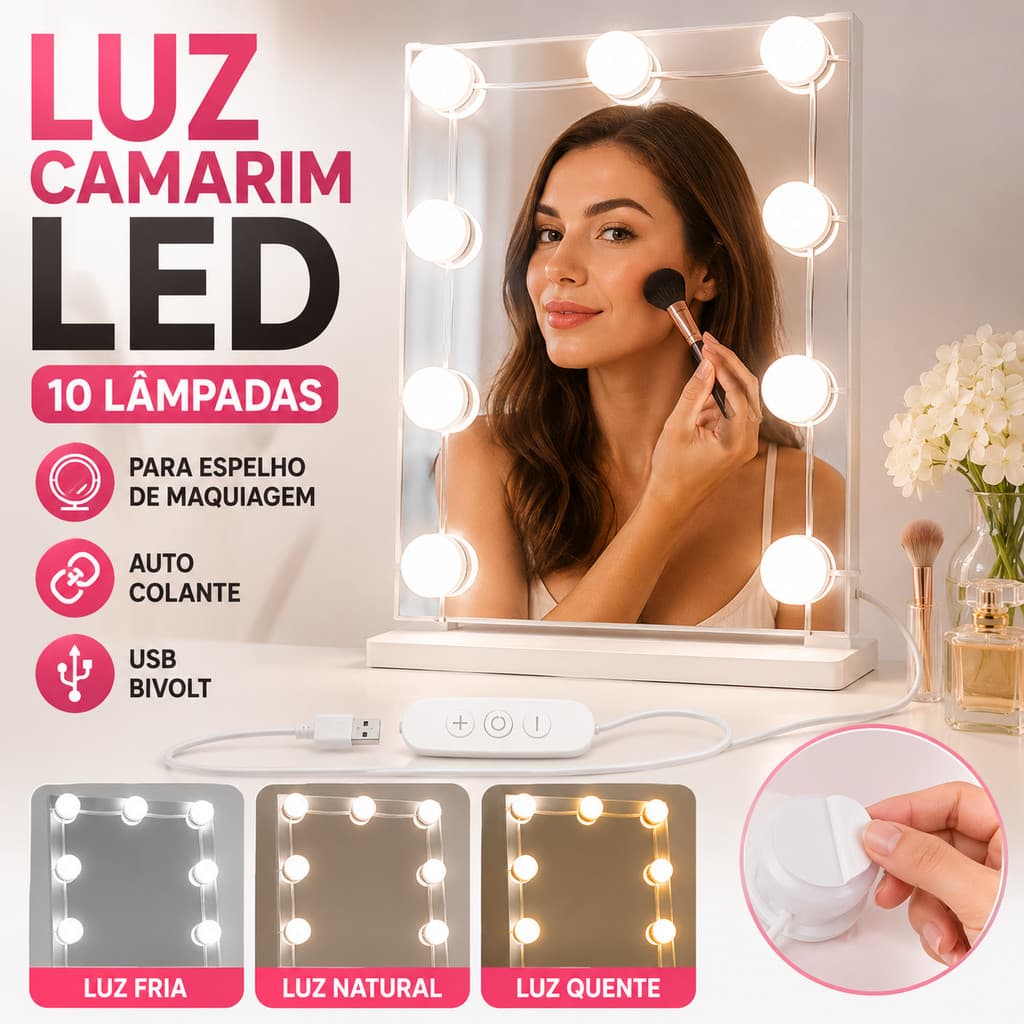 Arandela LED para Maquiagem com 10 Lâmpadas Espelho Auto Colante Studio Bivolt USB