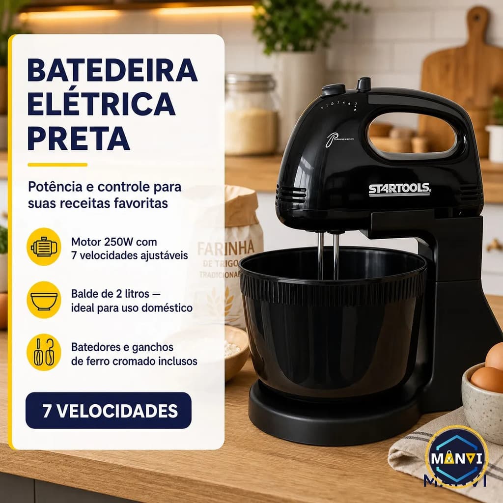 Batedeira Elétrica Completa 250W 7 Velocidades Profissional Bacia 2L Batedores Massa Bolo Chantilly