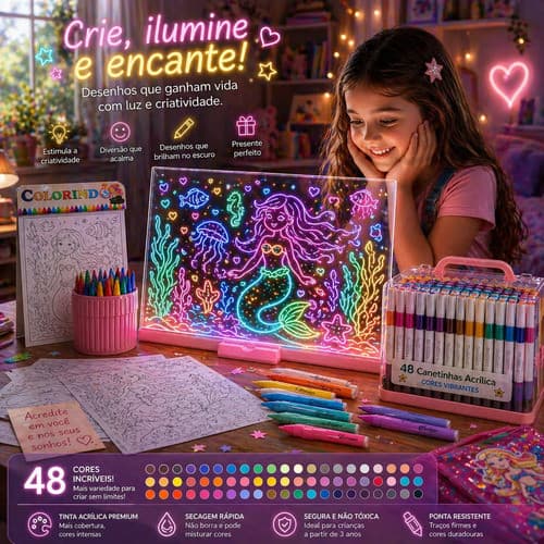 Kit Lousa Mágica LED Infantil com Canetas Acrílicas e Desenhos
