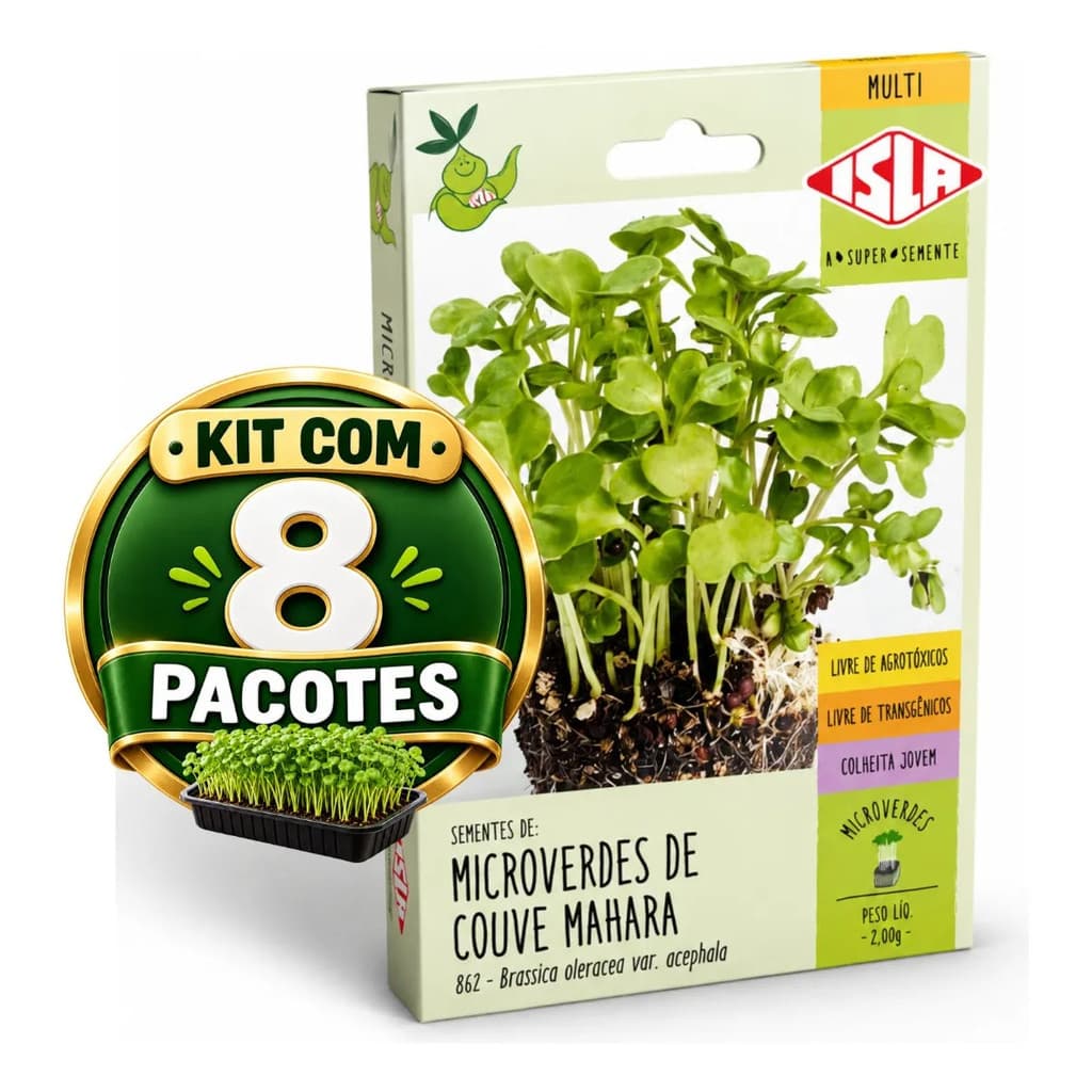 8 Pacotes Isla Sementes Microverdes Couve Mahara Para Horta Caseira Brotos Cultivo Fácil Saladas e Receitas