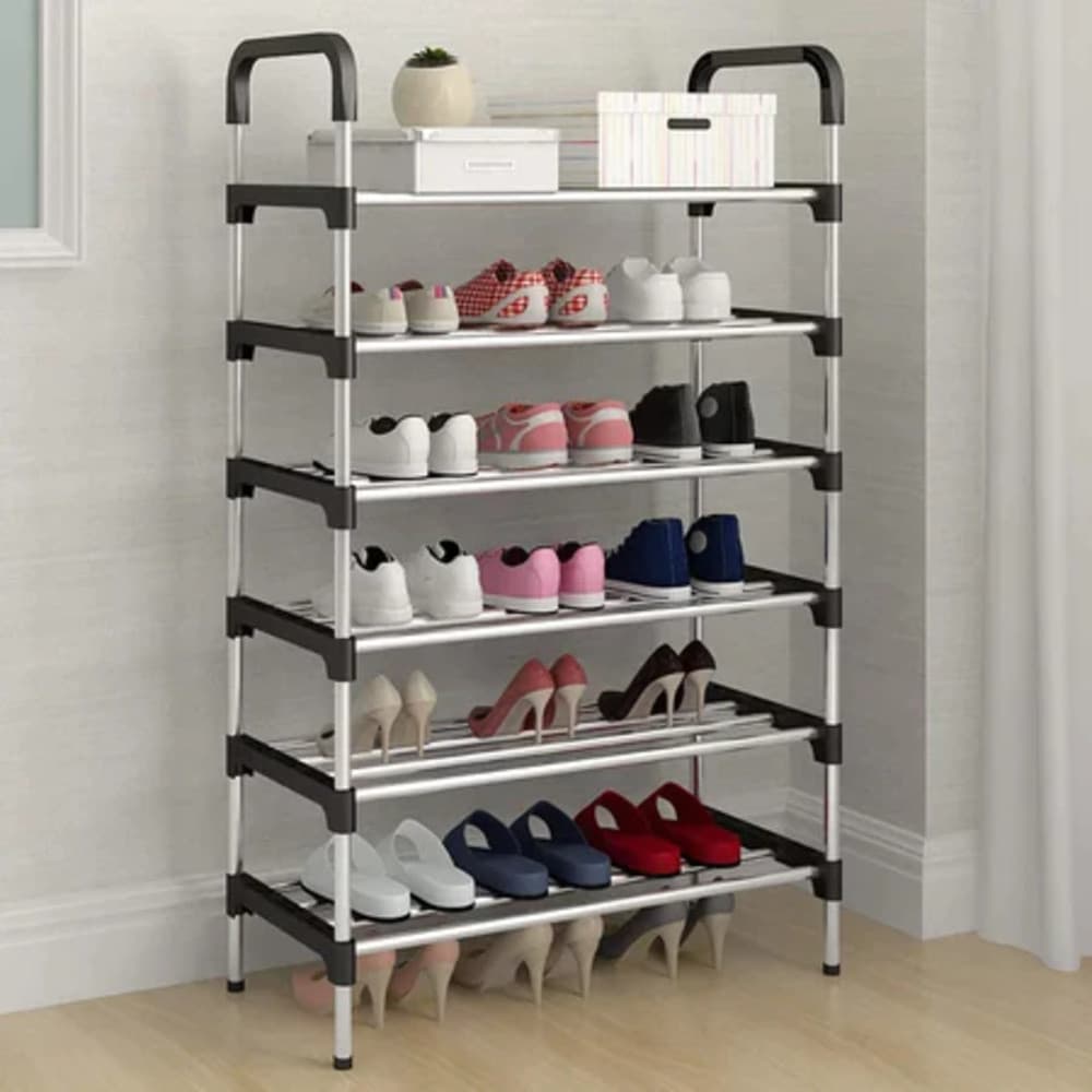 Rack Sapateira Vertical Luxo Aço Inox 6 Prateleiras 18 Pares Cor Preto com Prata