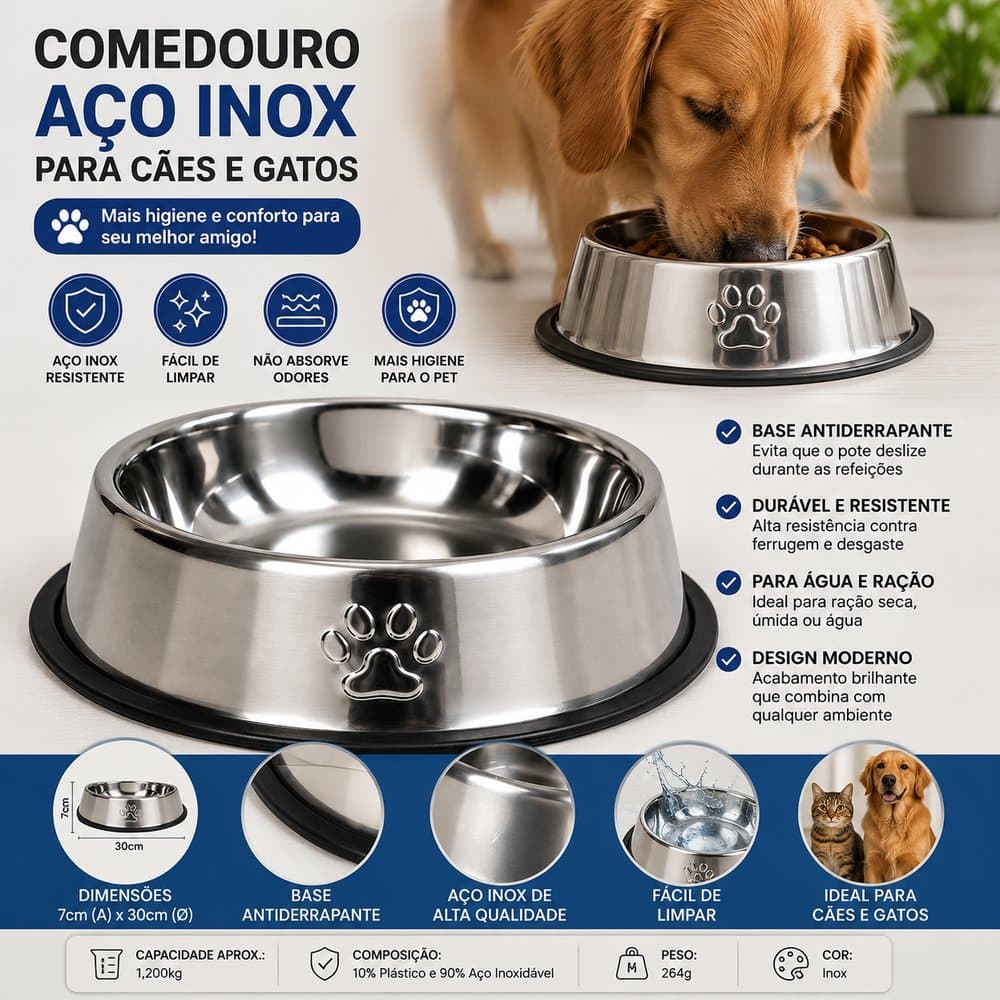 Comedouro Antiderrapante Inox 30cm para Cachorro e Gato Redondo Buppy Pet Resistente Brilhante Pets
