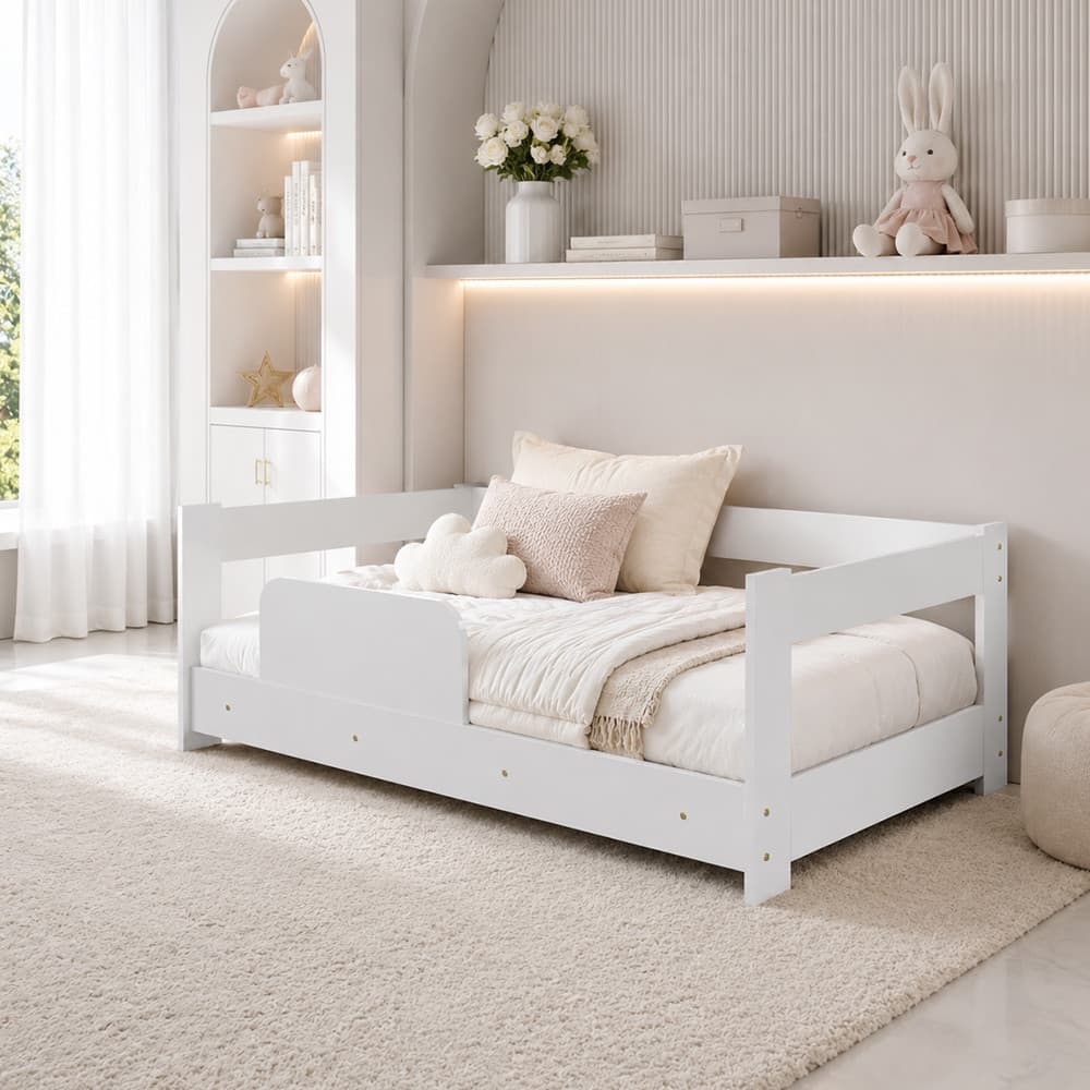 Cama Infantil Montessoriana Moderna Funcional Baby com Grade de Segurança - Branco
