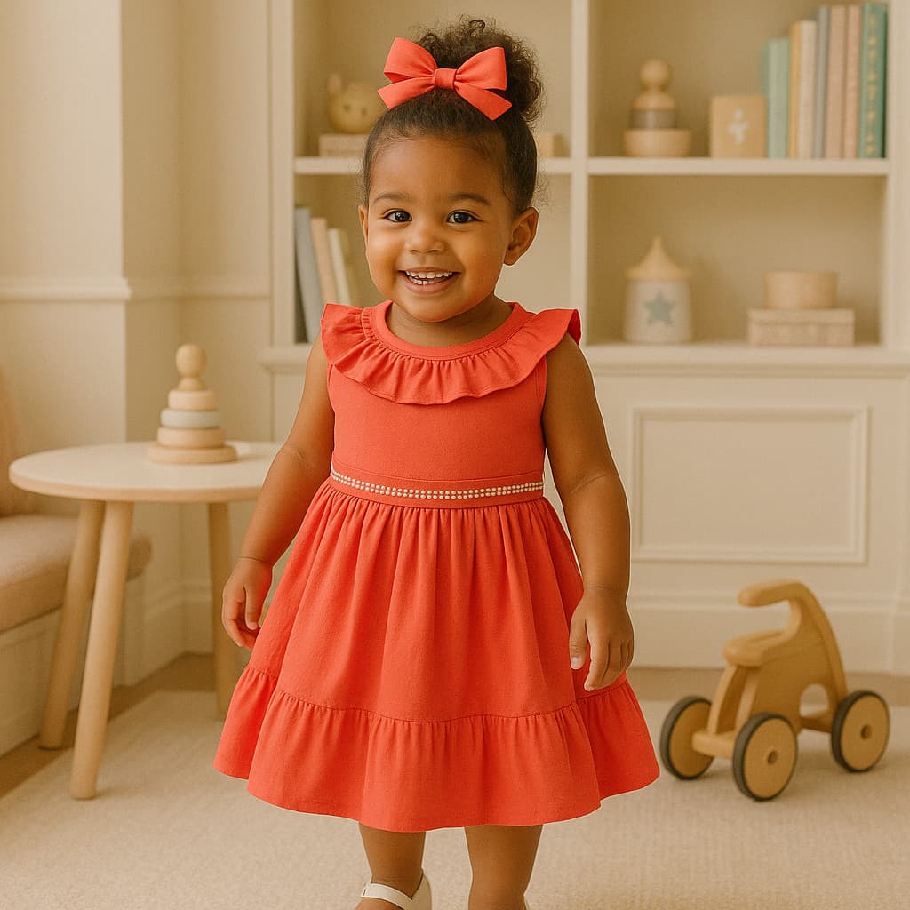 Vestido Infantil Coral Com Detalhes Em Pérolas