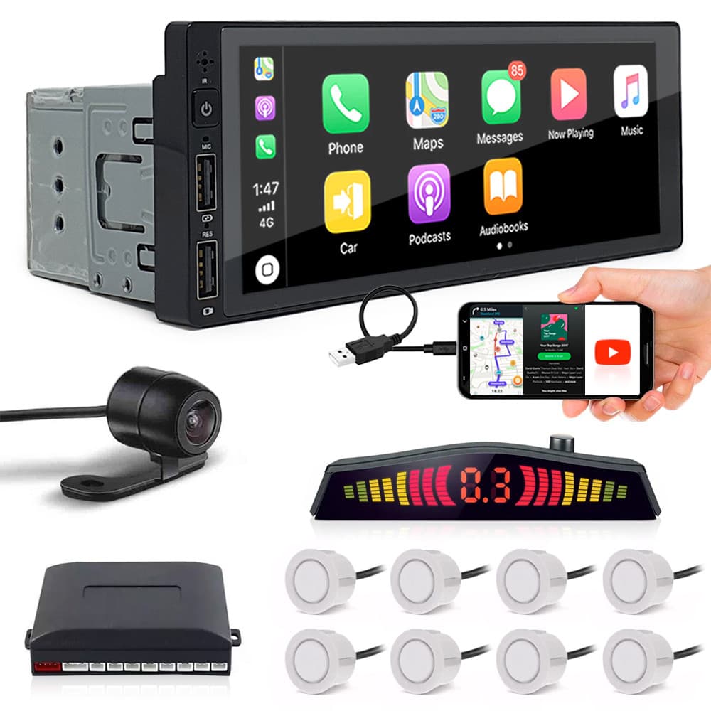 Kit Multimídia 1 Din + Câmera Ré + Sensor 8 Pontos Branco Focus 2004 2005 2006 2007 2008 2009 Espelhamento Carplay