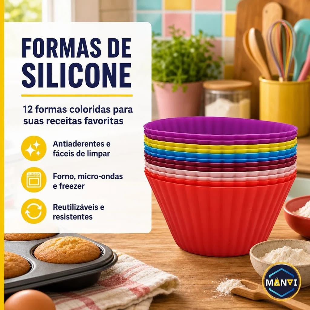 Kit 12 Formas Silicone Redonda 7cm Assadeira Cupcake Muffin Antiaderente Flexível Forno Air Fryer