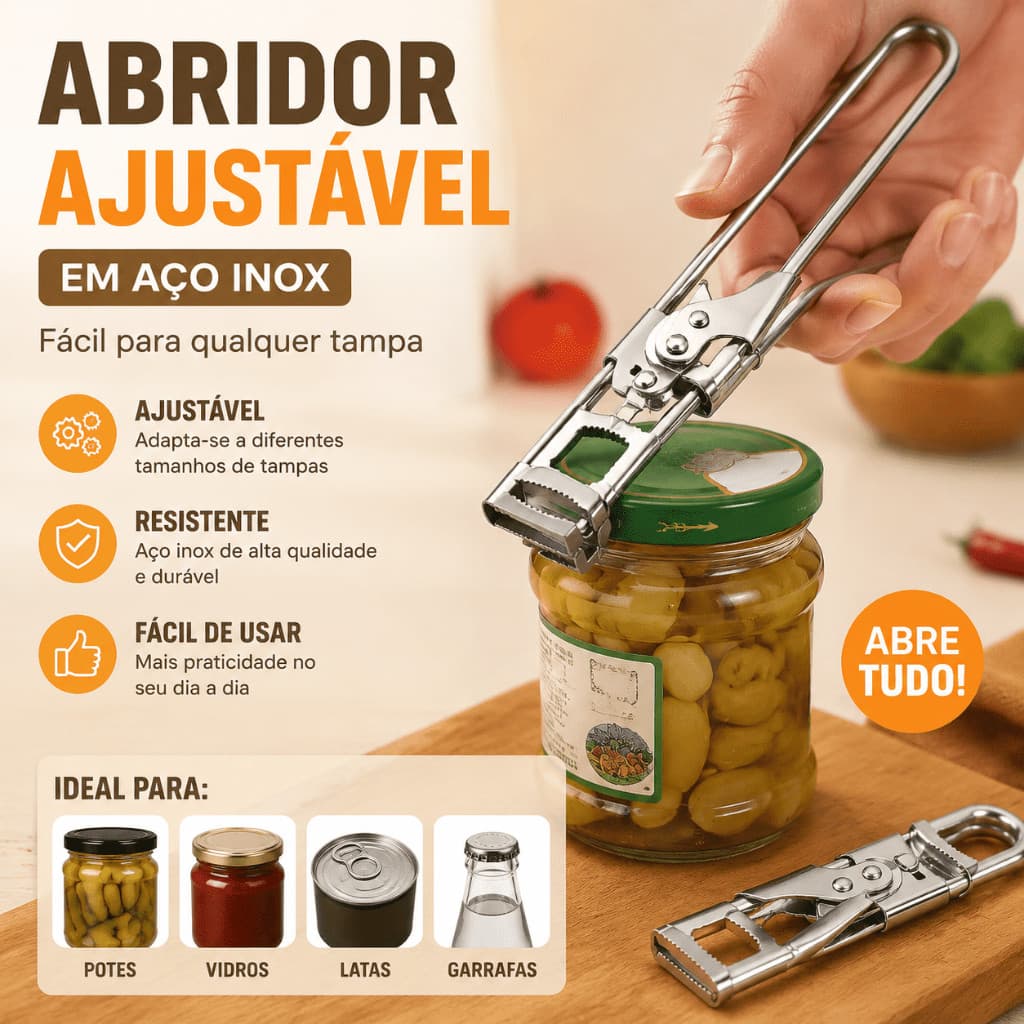 Abridor De Tampas Ajustável Em Aço Inox Fácil Qualquer Tampa Pote Vidro Avaliação da loja - Variação: