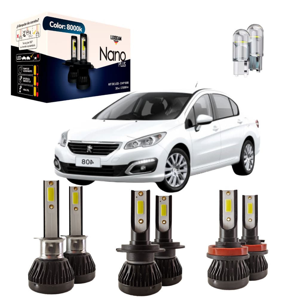 Kit Super Led 408 2012 a 2020 Com H16 de 19w Nano Plus 30w 27.000lm 8000k Farol Alto Baixo e Milha Luxbeam