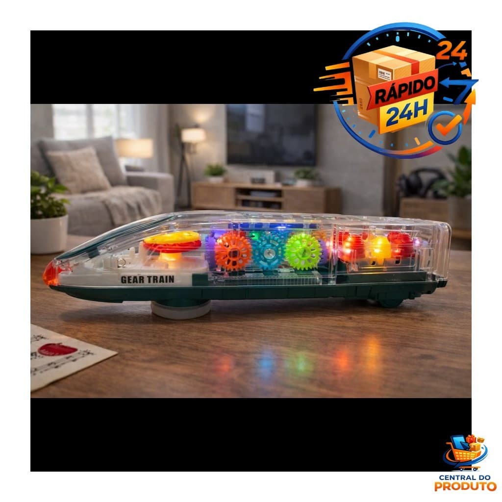 Trem Transparente Engrenagens Coloridas Brinquedo Educativo 30cm Luz e Movimento Crianças 3 anos