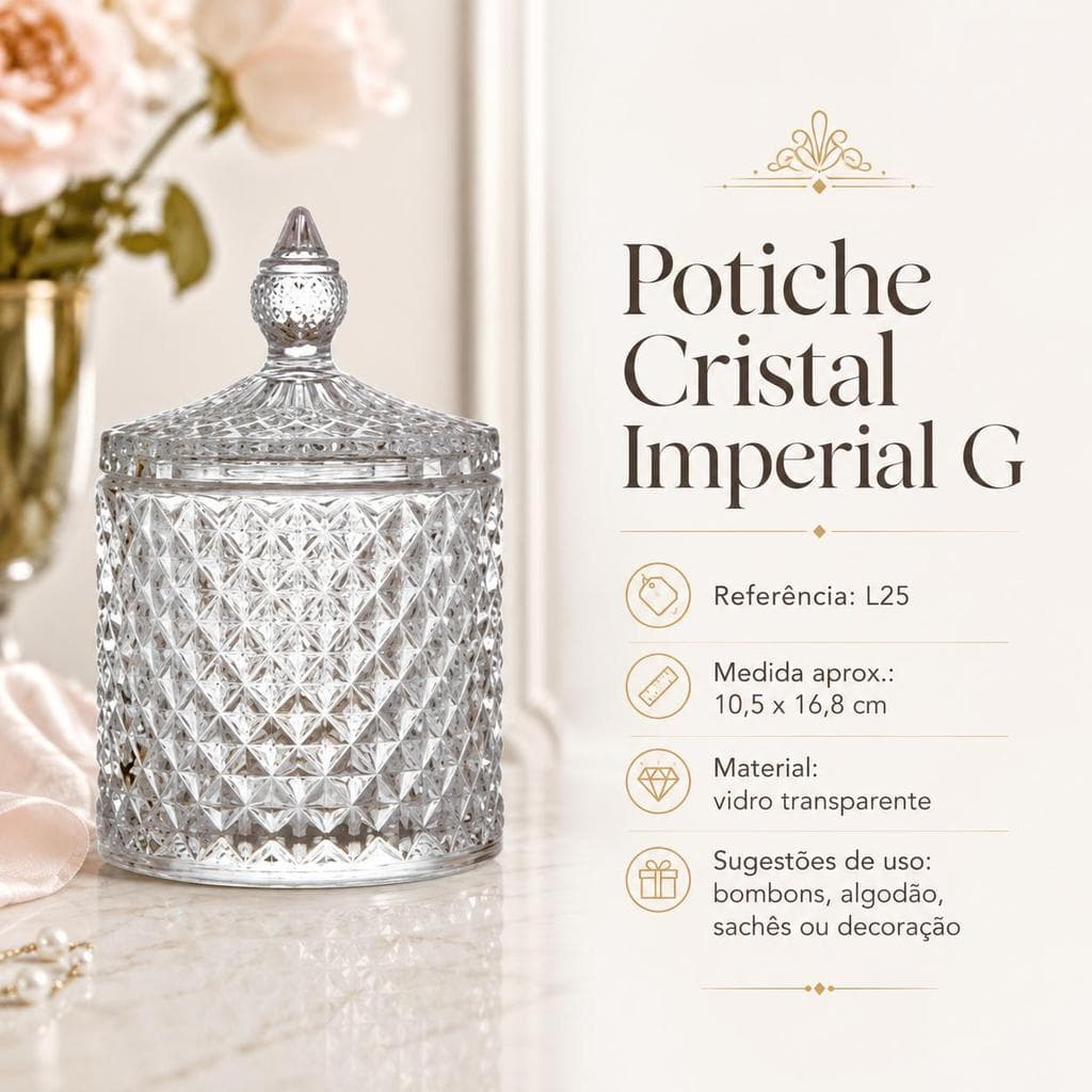Potiche Cristal Imperial G em Vidro Transparente Lapidado - Ref. L25 | 10,5 x 16,8 cm para Bombons, Algodão, Sachês