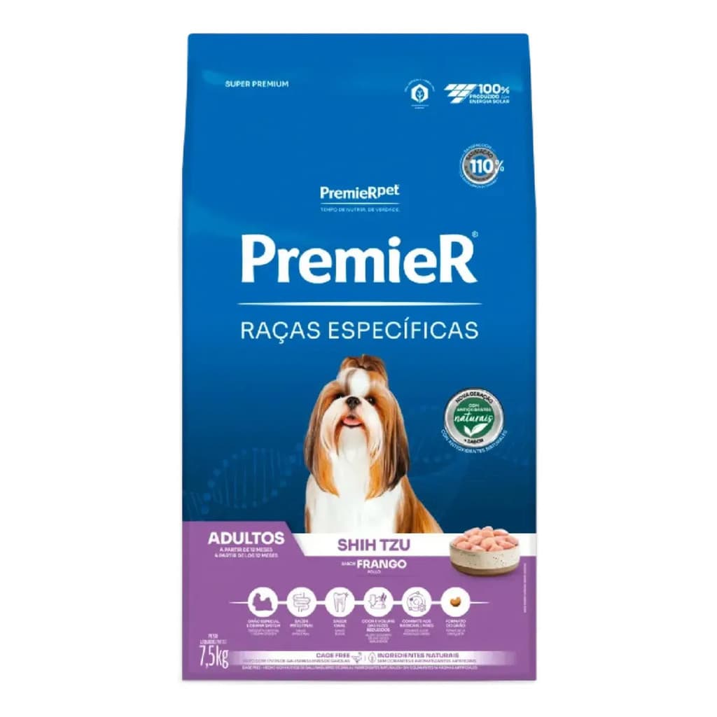 Premier Ração Cães Raças Específicas Shih Tzu Porte Pequeno Sabor Frango 7,5kg