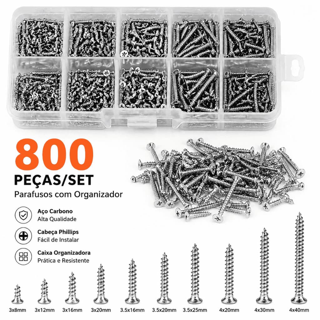 Kit 800 Peças Parafusos com Organizador – Multiuso Vendido(s) - Variação: