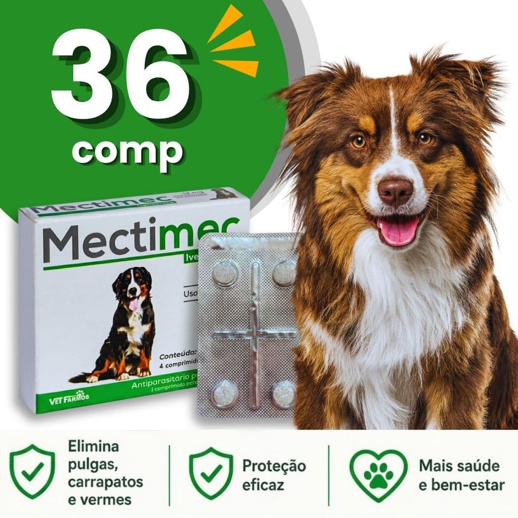 Mectimec 12mg - Remédio Anti Pulgas, Vermífugo, Mata Carrapatos - Cães até 60kg - 36 comprimidos