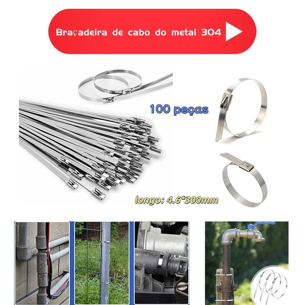 100 peças abraçadeiras de aço inoxidável 4.6x300mm adequadas para máquinas, veículos, repetição ajustável, abraçadeiras