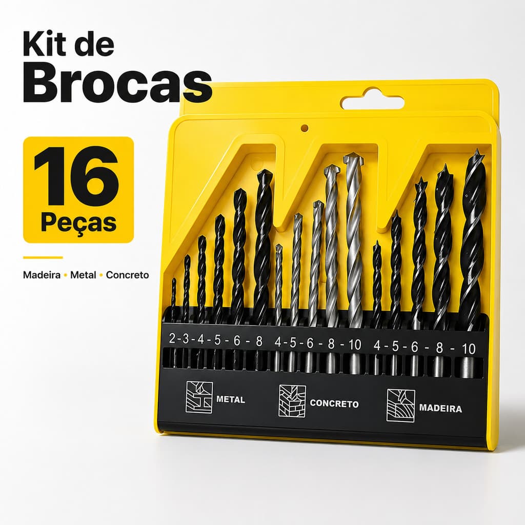 Jogo De Brocas 16 Peças C/ Estojo Madeira Ferro Concreto Metal Videa Aço Para Furadeira Parafusadeira Fertak