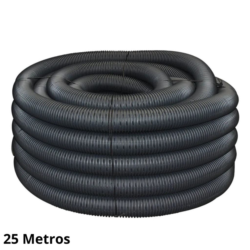 Tubo Mangueira PEAD Corrugado Dreno Perfurado 4 pol (100mm) Rolo 25 Metros Preto para Drenagem