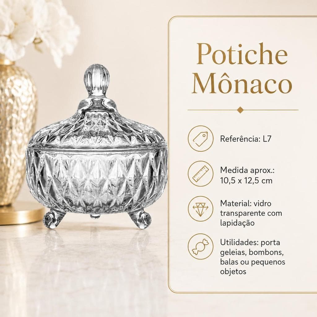 Potiche Mônaco em Vidro Transparente Lapidado - Ref. L7 | 10,5 x 12,5 cm para Geleias, Bombons, Balas, Pequenos