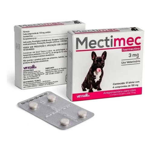 4cp Mectimec Ivermectina Antipulgas e Carrapatos 3mg Para Cães de 4 A 7,5kg