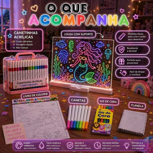 Kit Lousa Mágica LED Infantil com Canetas Acrílicas e Desenhos