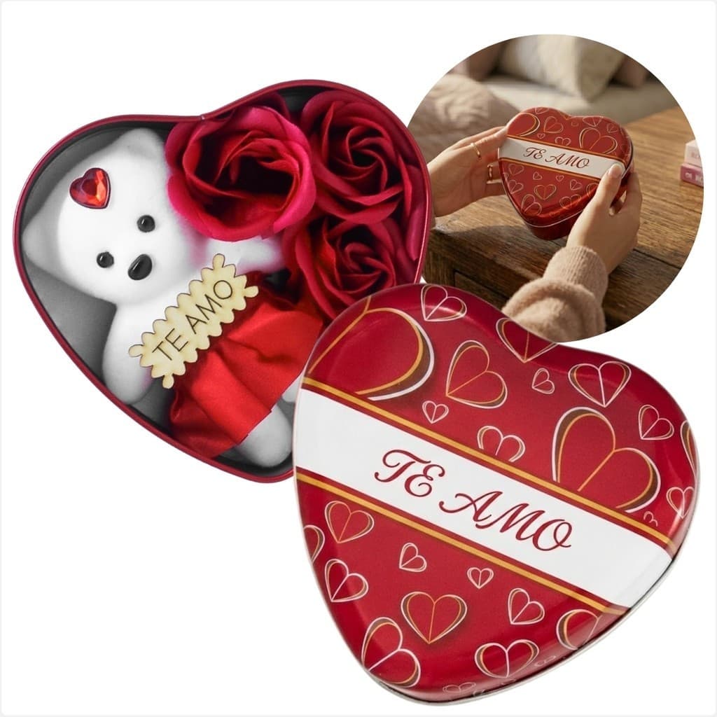 Caixa De Metal Coração Com Ursinho E Rosas Para Presente Namorada Esposa Ou Noiva Em Dia Especial