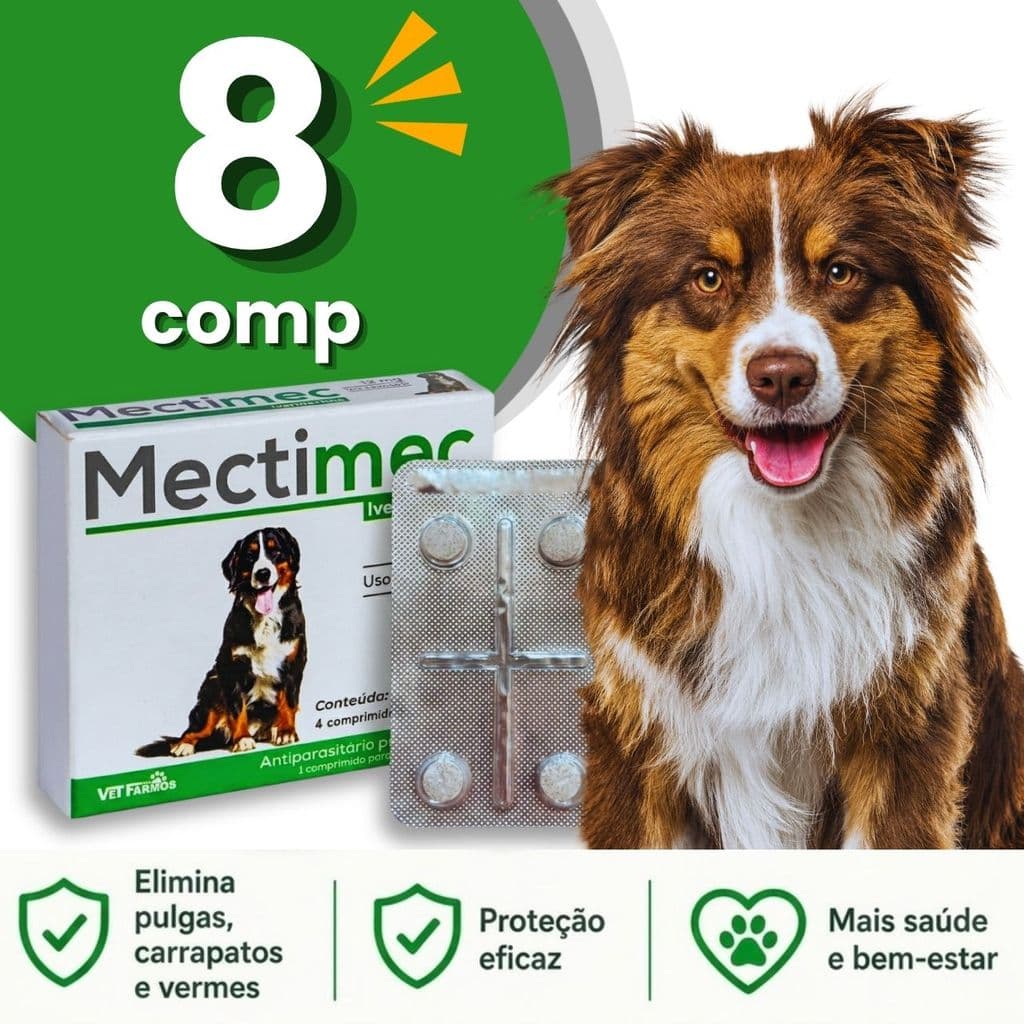 8 MecTtimec - Remédio Antiparasitário para Cães Até 60kg - Elimina Pulgas, Mata Carrapatos, Vermífugo